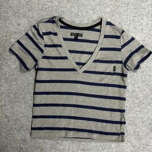 Vans Striped V-Neck‎ T-Shirt Small Grey Blue Pocket Tee Cotton Blend